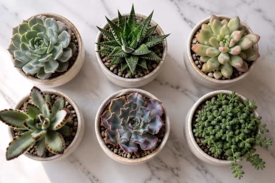Flat lay de 6 suculentas diferentes em vasos de cerâmica